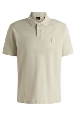 Slub cotton-linen polo shirt with logo badge, Light Beige