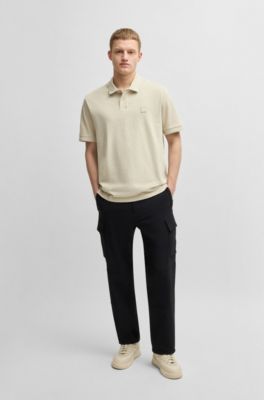 Slub cotton-linen polo shirt with logo badge, Light Beige