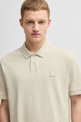 Slub cotton-linen polo shirt with logo badge, Light Beige