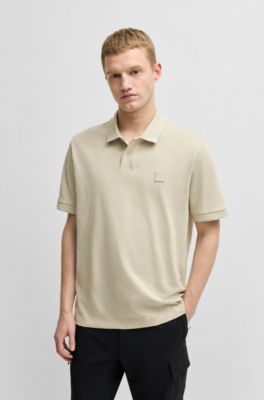 Polo en lin et coton flamm&eacute; avec badge logot&eacute;, Beige clair