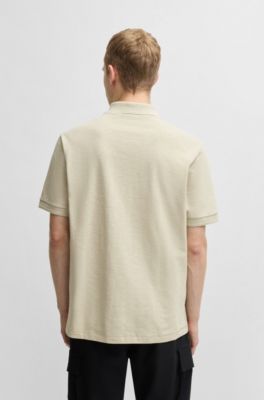Slub cotton-linen polo shirt with logo badge, Light Beige