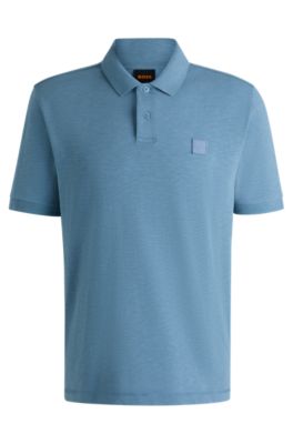BOSS - Slub cotton-linen polo shirt with logo badge - Light Blue
