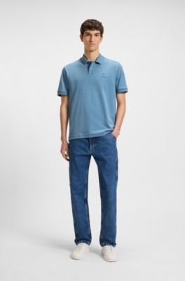 Slub cotton-linen polo shirt with logo badge, Light Blue