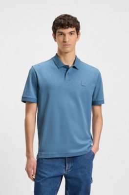Slub cotton-linen polo shirt with logo badge, Light Blue