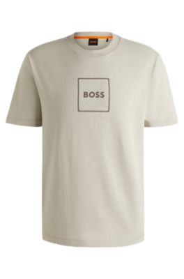 BOSS - Slub-cotton T-shirt with logo print - Light Beige