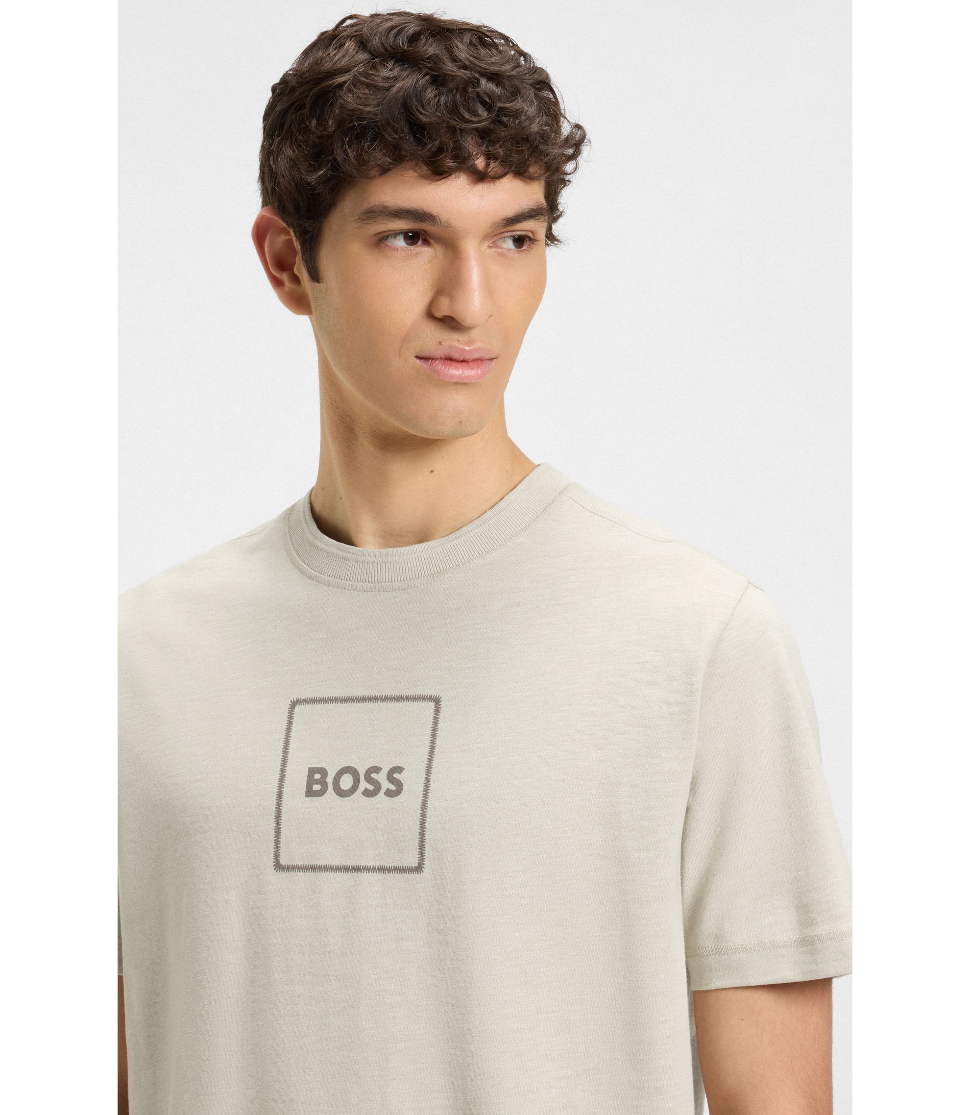 BOSS - Slub-cotton T-shirt with logo print - Light Beige