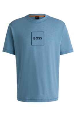 Tシャツ・カットソー BOSS Men T-shirt Blue 50506344 402 BOSS - Slub-cotton T-shirt with logo print - Light Blue