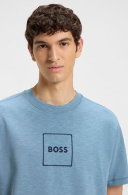 Slub-cotton T-shirt with logo print, Light Blue
