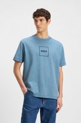 Slub-cotton T-shirt with logo print, Light Blue