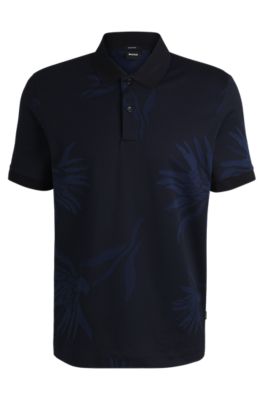 Mercerized-cotton polo shirt with floral jacquard, Dark Blue