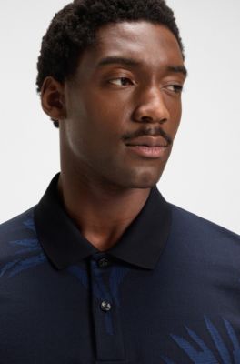 Mercerized-cotton polo shirt with floral jacquard, Dark Blue
