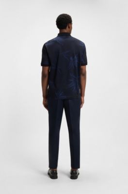 Mercerized-cotton polo shirt with floral jacquard, Dark Blue