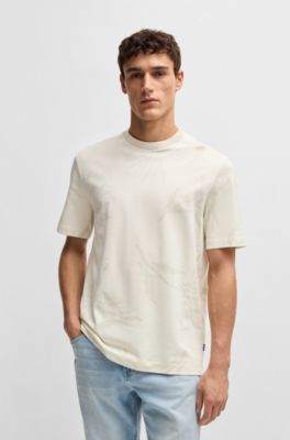 T-shirt en coton merceris&eacute; avec jacquard &agrave; fleurs, Blanc