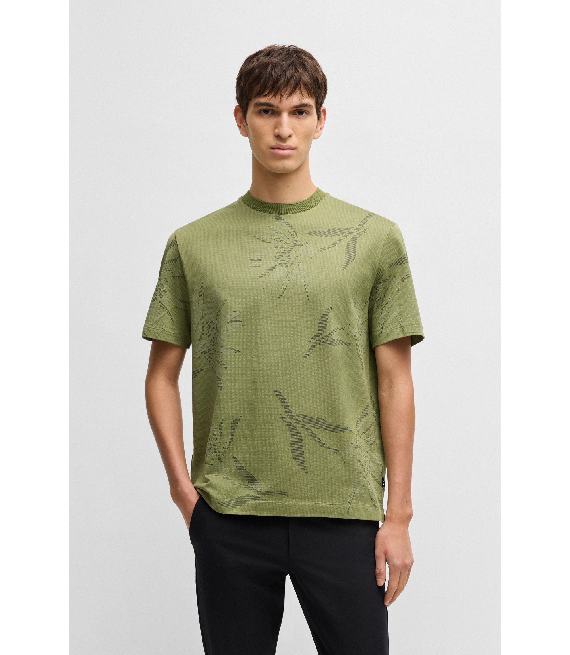 BOSS - Mercerized-cotton T-shirt with floral jacquard - Green