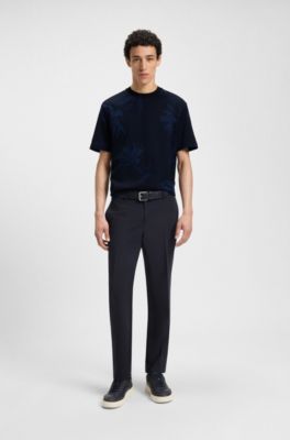Mercerized-cotton T-shirt with floral jacquard, Dark Blue
