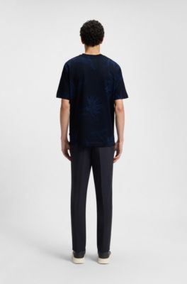 Mercerized-cotton T-shirt with floral jacquard, Dark Blue