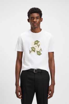 Camiseta de punto de algod&oacute;n con ilustraci&oacute;n floral, Blanco