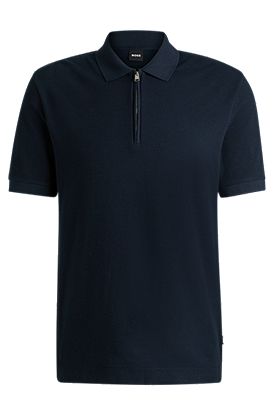 Zip-neck knit polo shirt with waffle structure