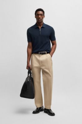 Polo en maille &agrave; encolure zipp&eacute;e et structure gaufr&eacute;e, Bleu fonc&eacute;