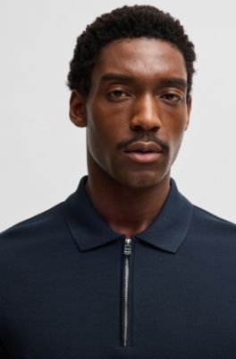 Polo en maille &agrave; encolure zipp&eacute;e et structure gaufr&eacute;e, Bleu fonc&eacute;