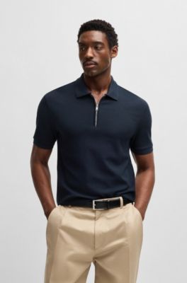 Polo en maille &agrave; encolure zipp&eacute;e et structure gaufr&eacute;e, Bleu fonc&eacute;