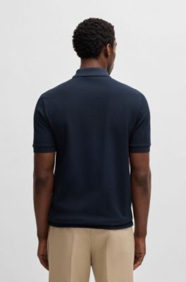 Polo en maille &agrave; encolure zipp&eacute;e et structure gaufr&eacute;e, Bleu fonc&eacute;