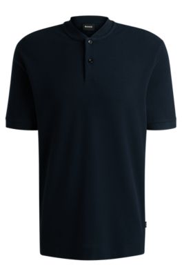 Collarless polo shirt in a waffle cotton blend, Dark Blue