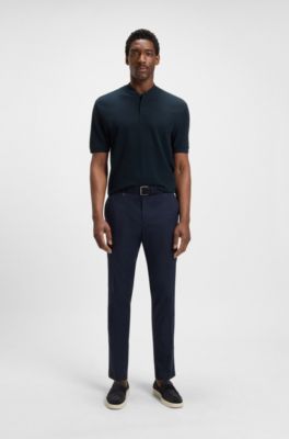 Collarless polo shirt in a waffle cotton blend, Dark Blue