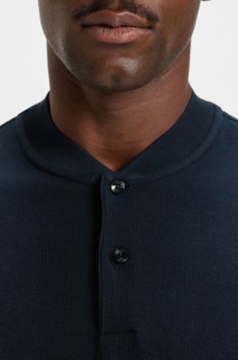 Collarless polo shirt in a waffle cotton blend, Dark Blue