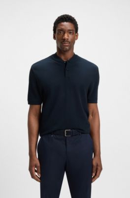 Collarless polo shirt in a waffle cotton blend, Dark Blue
