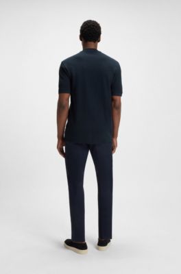 Collarless polo shirt in a waffle cotton blend, Dark Blue