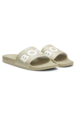 Italian-made slides with large logo detail, Khaki