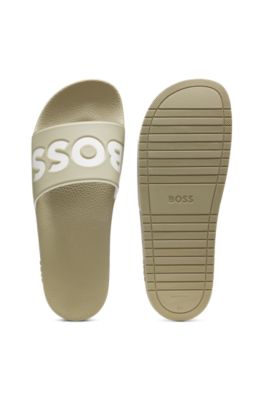 Italian-made slides with large logo detail, Khaki