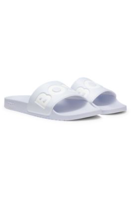 Italian-made slides with large logo detail, Light Blue