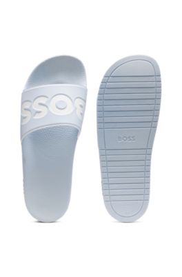 Italian-made slides with large logo detail, Light Blue