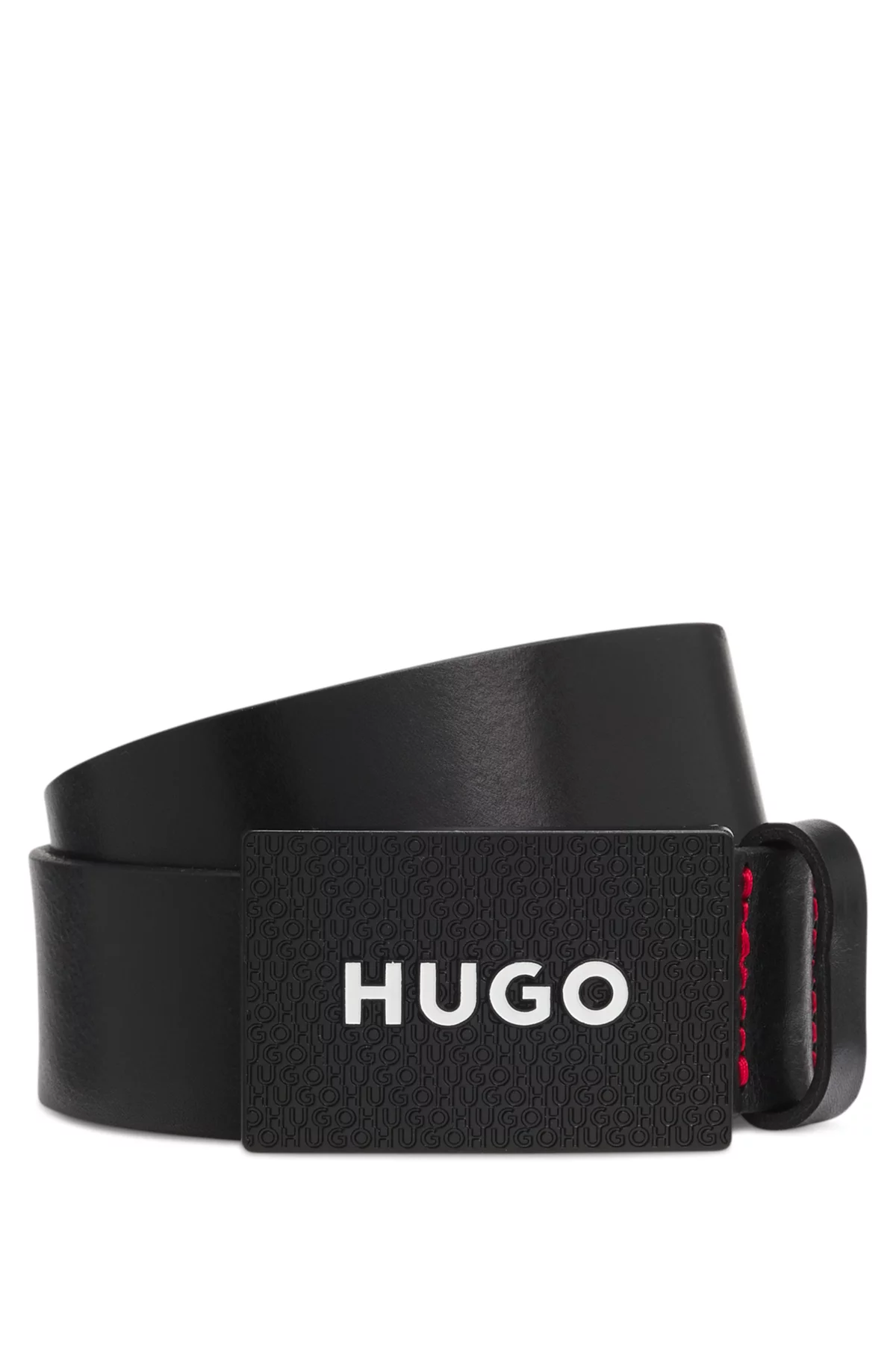 Leather belt with branded plaque buckle, Black