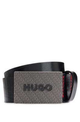 Leather belt with branded plaque buckle, Black
