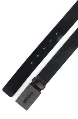 Leather belt with branded plaque buckle, Black