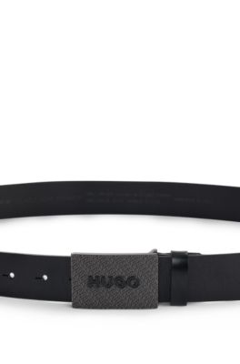 Leather belt with branded plaque buckle, Black