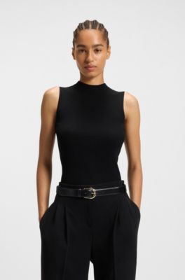 Golden-buckle belt in Italian leather, Black