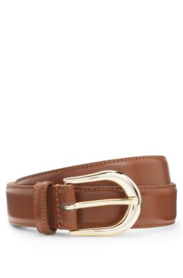 Golden-buckle belt in Italian leather, Brown
