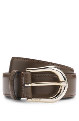 Golden-buckle belt in Italian leather, Light Brown