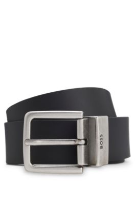 Reversible belt in grained and plain leather, Black