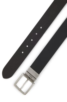 Reversible belt in grained and plain leather, Black