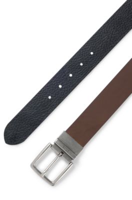 Reversible belt in grained and plain leather, Brown