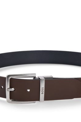 Reversible belt in grained and plain leather, Brown