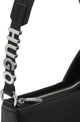 Faux-leather shoulder bag with logo strap, Black