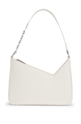 Faux-leather shoulder bag with logo strap, White