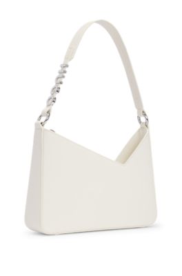 Faux-leather shoulder bag with logo strap, White