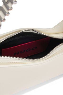 Faux-leather shoulder bag with logo strap, White